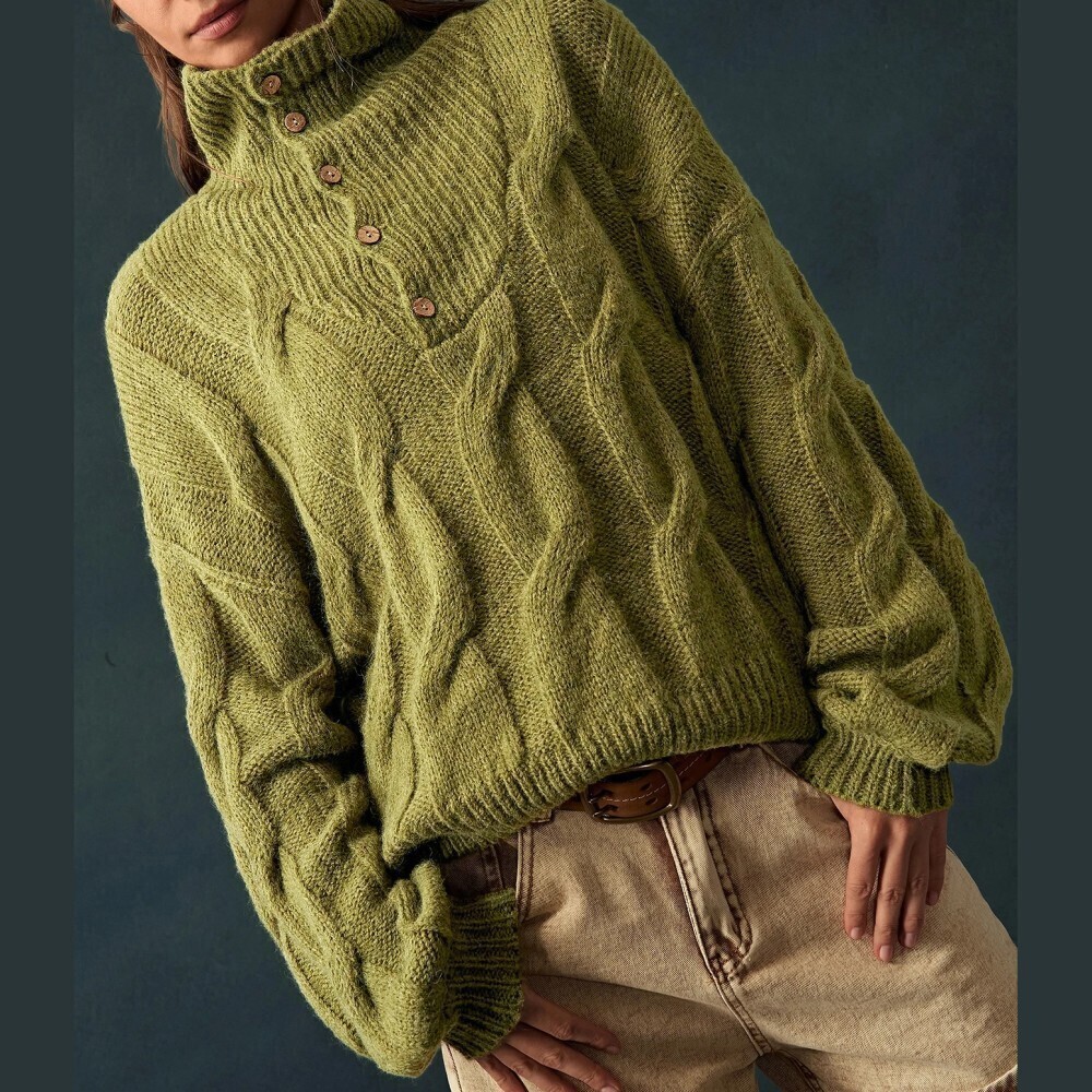 Moss Green Cable Knit Button High Turtle Funnel Neck Oversized Sweater